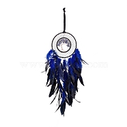 Iron Woven Web/Net with Feather Pendant Decorations, with Plastic and Lapis Lazuli Beads, Covered with Leather and Velvet Cord, Flat Round with Tree of Life, Blue, 660mm(AJEW-B017-15)