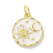 Rack Plated Brass Enamel Pendants, with Jump Ring, Long-Lasting Plated, Lead Free & Cadmium Free, Real 18K Gold Plated, Flat Round with Sun & Moon Charm, White, 15x13x2mm, Hole: 3.4mm(KK-Z039-02D)