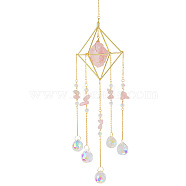 Natural Rose Quartz Chip Pendant Decoration, with Glass Teardrop Charm, for Room Window Patio Hanging Oornaments, Golden, 500mm(PW-WG31042-02)
