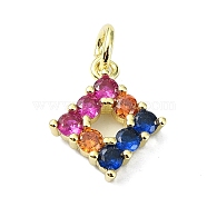 Brass Micro Pave Colorful Cubic Zirconia Pendant, Rhombus, Real 18K Gold Plated, 14x11.4x2.5mm(KK-H475-03G)
