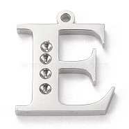 304 Stainless Steel Letter Pendant Rhinestone Settings, Stainless Steel Color, Letter.E, E: 15x13x1.5mm, Hole: 1.2mm, Fit for 1.6mm rhinestone(STAS-J028-01E)