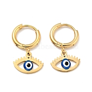Enamel Horse Eye Dangle Hoop Earrings, Gold Plated 304 Stainless Steel Jewelry for Women, Blue, 22mm, Pin: 1mm(STAS-E162-06G)