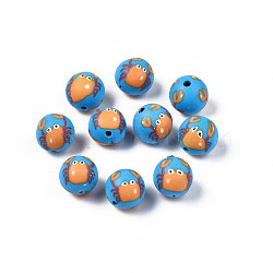 Handmade Polymer Clay Beads, Round with Crab, Dodger Blue, 9.5x10mm, Hole: 1.5mm(CLAY-S092-66)
