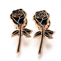 Alloy Enamel Brooches, Enamel Pin, with Brass Butterfly Clutches, Rose, Light Gold, Cadmium Free & Nickel Free & Lead Free, Black, 33x16x2mm, Pin: 1mm(JEWB-N006-010-NR)