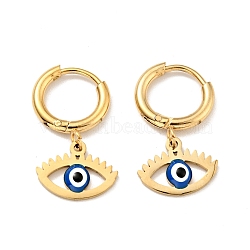 Enamel Horse Eye Dangle Hoop Earrings, Gold Plated 304 Stainless Steel Jewelry for Women, Blue, 22mm, Pin: 1mm(STAS-E162-06G)