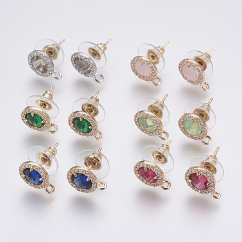 Faceted Glass Stud Earring Findings, with Loop, Brass Micro Pave Cubic Zirconia Findings, Flat Round, Mixed Color, 12x9x4mm, Hole: 1.2mm, Pin: 0.8mm