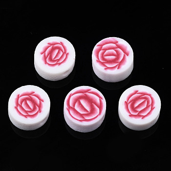 Handmade Polymer Clay Beads, for DIY Jewelry Crafts Supplies, Flat Round with Flower, FireBrick, 9~9.5x4~4.5mm, Hole: 1.8mm