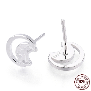 925 Sterling Silver Stud Earrings, Crescent Moon, Nickel Free, with S925 Stamp, Silver, 9x8.5mm, Pin: 0.9mm
