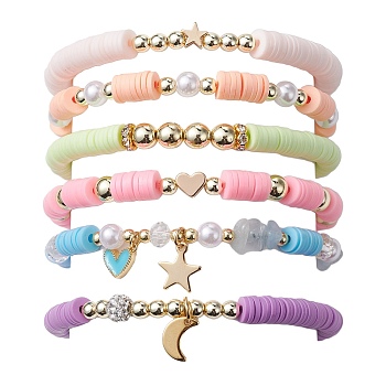 6Pcs 6 Style Polymer Clay & ABS Plastic Pearl Beaded Stretch Bracelets Set, Brass Star & Heart & Moon Charms Stackable Bracelets, Mixed Color, Inner Diameter: 2 inch(5.05cm), 1Pc/style