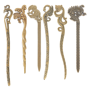 12Pcs 6 Style Fox & Phoenix & Swan & Fish & Dragon Tibetan Style Alloy Bookmarks, Hair Sticks for Women, Antique Bronze, 128~159x17~34x3~5mm, 2Pcs/style