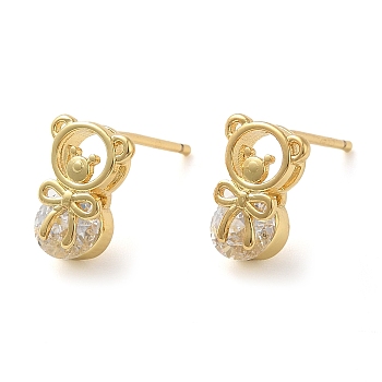 Rack Plating Brass with Cubic Zirconia Stud Earring,  Long-Lasting Plated, Cadmium Free & Lead Free, Bear, Real 18K Gold Plated, 10.5x7.5mm