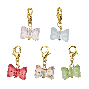 Glass Bowknot Pendant Decorations, with Alloy Lobster Claw Clasps, Golden, 24mm