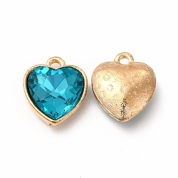 Faceted Glass Rhinestone Pendants, with Golden Tone Zinc Alloy Findings, Heart Charms, Cyan, 16.5x14x6.5mm, Hole: 1.6mm