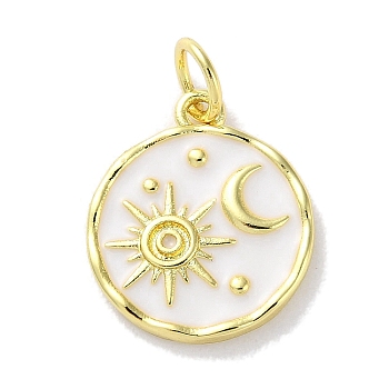 Rack Plated Brass Enamel Pendants, with Jump Ring, Long-Lasting Plated, Lead Free & Cadmium Free, Real 18K Gold Plated, Flat Round with Sun & Moon Charm, White, 15x13x2mm, Hole: 3.4mm