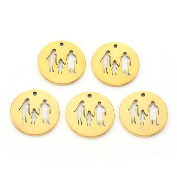 Vacuum Plating 304 Stainless Steel Pendants, Laser Cut, Flat Round with Family, Golden, 15.5x1mm, Hole: 1.2mm