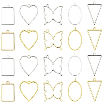 20Pcs 10 Styles Rack Plating Alloy Open Back Bezel Pendants, For DIY UV Resin, Epoxy Resin, Pressed Flower Jewelry, Cadmium Free & Nickel Free & Lead Free, Mixed Shapes, Platinum & Golden, 33.5~39x21~32x3.5~3.7mm, Hole: 2.8~3mm, 2pcs/style