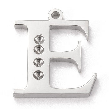 304 Stainless Steel Letter Pendant Rhinestone Settings, Stainless Steel Color, Letter.E, E: 15x13x1.5mm, Hole: 1.2mm, Fit for 1.6mm rhinestone
