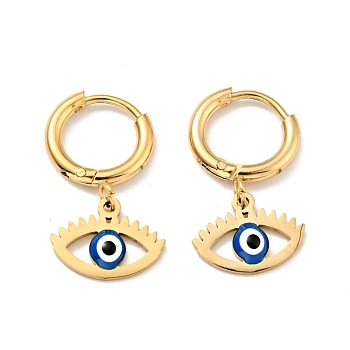 Enamel Horse Eye Dangle Hoop Earrings, Gold Plated 304 Stainless Steel Jewelry for Women, Blue, 22mm, Pin: 1mm