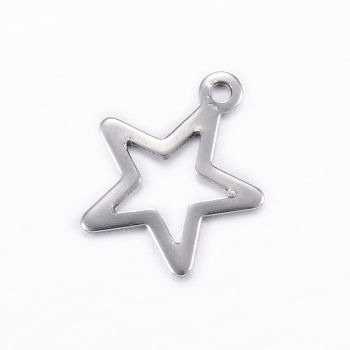 304 Stainless Steel Charms, Star, Stainless Steel Color, 15x13x0.8mm, Hole: 1mm