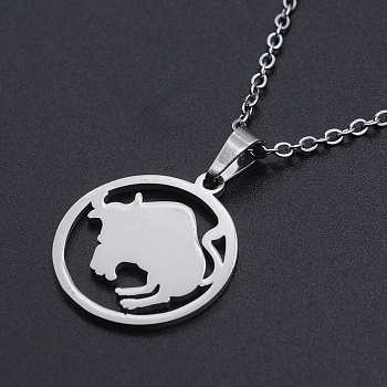 201 Stainless Steel Pendants Necklaces, with Cable Chains and Lobster Claw Clasps, Flat Round with Constellation/Zodiac Sign, Taurus, 15-3/4 inch(40cm), 1.5mm