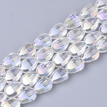 Electroplate Transparent Glass Beads Strands, AB Color Plated, Faceted, Teardrop, Clear AB, 8.5x6x3.5mm, Hole: 1mm, about 80pcs/strand, 26.38 inch(67cm)