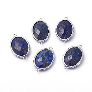 Platinum Tone Brass Lapis Lazuli Links connectors, Faceted, Oval, 26.5x15x6mm, Hole: 1~2mm