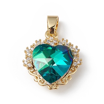 Real 18K Gold Plated Rack Plating Brass Micro Pave Clear Cubic Zirconia Pendants, with Glass, Long-Lasting Plated, Cadmium Free & Lead Free,  Heart Charm, Dark Green, 20x17x8mm, Hole: 5x3mm