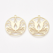 Brass Pendants, Ring with Lotus Flower, Nickel Free, Real 18K Gold Plated, 27x25x1mm, Hole: 1mm(KK-S350-189)