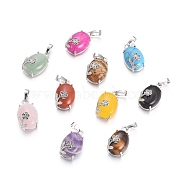 Natural & Synthetic Mixed Gemstone Pendants, with Platinum Tone Brass Findings, Oval with Flower, 22x13.8x10.3mm, Hole: 6x3.5mm(G-L512-I)