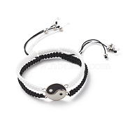 Enamel Yin Yang Matching Couple Braided Bead Bracelets Set, Adjustable Bracelets for Women, Black and White, Inner Diameter: 2~3-3/8 inch(5.2~8.5cm), 1Pc/style(BJEW-JB08557)