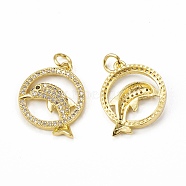 Brass Micro Pave Cubic Zirconia Pendants, with Jump Ring, Ring with Dolphin Charm, Golden, 18x16x3mm, Hole: 3mm(KK-E068-VB018)