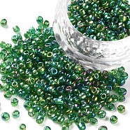 8/0 Round Glass Seed Beads, Transparent Colours Rainbow, Round Hole, Green, 8/0, 3mm, Hole: 1mm, about 1111pcs/50g, 50g/bag, 18bags/2pounds(SEED-US0003-3mm-167B)