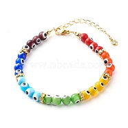 Handmade Evil Eye Lampwork Beaded Bracelets, with Brass Rhinestone Spacer Beads and Curb Chains, Colorful, 7-1/2 inch(19cm)(BJEW-JB06368)