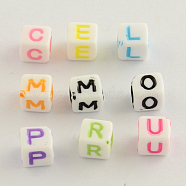 Opaque Acrylic Beads, Horizontal Hole, Cube with Letter, Mixed Color, 6x6x6mm, Hole: 3.5mm, about 3300pcs/500g(SACR-Q100-M022)