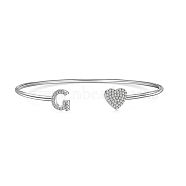 Heart & Letter Rhodium Plated 925 Sterling Silver Micro Pave Cubic Zirconia Cuff Bangles for Women, Letter G, 0.2~0.8cm, Inner Diameter: 1-7/8x2-1/4 inch(4.85x5.65cm) (BJEW-C062-01G-P)