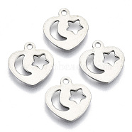 201 Stainless Steel Charms, Laser Cut, Heart with Moon & Star, Stainless Steel Color, 13x12.5x1mm, Hole: 1.4mm(STAS-R116-009)