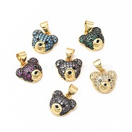 Rack Plating Brass Micro Pave Cubic Zirconia Charms, Cadmium Free & Lead Free, Real 18K Gold Plated, Long-Lasting Plated, Bear Head Charm, Mixed Color, 11.5x12x5mm, Hole: 3.5x4.5mm(KK-G456-23G)