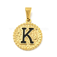 Ion Plating(IP) 304 Stainless Steel Enamel Pendants, Golden, Flat Round with Letter Charm, Letter K, 21x18x2mm, Hole: 8x3.5mm(STAS-R231-19K-G)