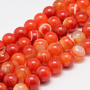 Natural Striped Agate/Banded Agate Bead Strands, Round, Grade A, Dyed & Heated, Dark Orange, 12mm, Hole: 1mm, about 31~33pcs/strand, 14.5 inch(G-K155-A-12mm-05)
