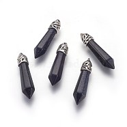 Synthetic Blue Goldstone Pendants, with Alloy Findings, Hexagonal, Platinum, 38~40x8~10mm, Hole: 3mm(G-L497-02G)