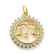 Rack Plating Brass Micro Pave Clear Cubic Zirconia Pendants, Long-Lasting Plated, Cadmium Free & Lead Free, Flat Round with Balance Charm, Real 18K Gold Plated, 18x16x2.8mm, Hole: 3.8mm(KK-Q804-22G)