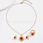 Red Cubic Zirconia Flower Jewelry Set, Brass Hoop Earring & Adjustable Rings & Pendant Necklaces, Real 18K Gold Plated, 17-3/4 inch(45cm), Inner Diameter: 16~18mm, 18x15mm(JZ0099-1)