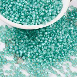 MIYUKI Round Rocailles Beads, Japanese Seed Beads, 8/0, (RR571) Dyed Sea Green Silverlined Alabaster, 3mm, Hole: 1mm, about 422~455pcs/10g(X-SEED-G008-RR0571)