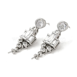 Brass Micro Pave Cubic Zirconia Stud Earring Findings, with 925 Sterling Silver Pins, for Half Drilled Beads, Real Platinum Plated, 30mm, Pin: 12x0.8mm and 0.6mm(for Half Drilled Beads)(KK-M270-29P)