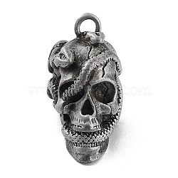 Tibetan Style Alloy Pendant, Frosted, Skull with Snake Charm, Antique Silver, 38x19x27.5mm, Hole: 4.2mm(PALLOY-H133-34AS)