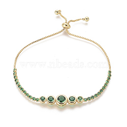 Adjustable Brass Micro Pave Cubic Zirconia Bolo Bracelets, Slider Bracelets, Golden, Green, 9-1/2 inch(24cm), 1.3~8mm(BJEW-F404-01C-G)