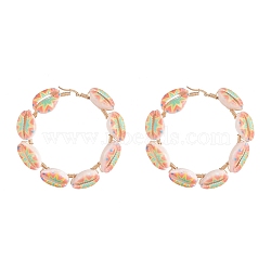 304 Stainless Steel Hoop Earrings, with Printed Cowrie Shell Beads and Eco-Friendly Copper Wire, Golden, Orange, 74x16mm, Pin: 0.6x1mm(X-EJEW-JE04102-01)