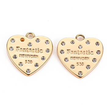 Brass Micro Pave Clear Cubic Zirconia Pendants, for Valentine's Day, Nickel Free, Heart with Fantastic New York & Number 520, Real 18K Gold Plated, 17x17x2mm, Hole: 2mm