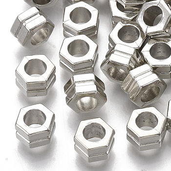 Plating ABS Plastic European Beads, Large Hole Beads, Grooved Beads, Hexagon, Platinum, 6.5x7.5x4.5mm, Hole: 3.5mm