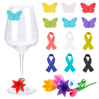 PandaHall Elite 3 Sets 3 Styles Silicone Wine Glass Charms, Drink Markers, Butterfly/Rectangle/Flower, Mixed Color, 6pcs/set, 3 sets/bag